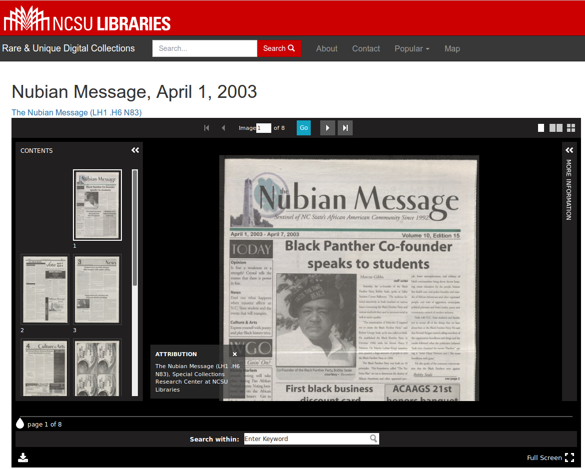 UniversalViewer embedded on the NCSU Libraries Rare and Unique Digital Collection site